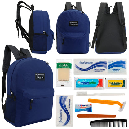 12 klassische 17 'Rucksäcke in Marineblau Blau & Ihre Wahl von 12 Bulk Hygiene Kits - Wholesale PFLEGE Package: Obdachlos, Notfall, Wohltätigkeit