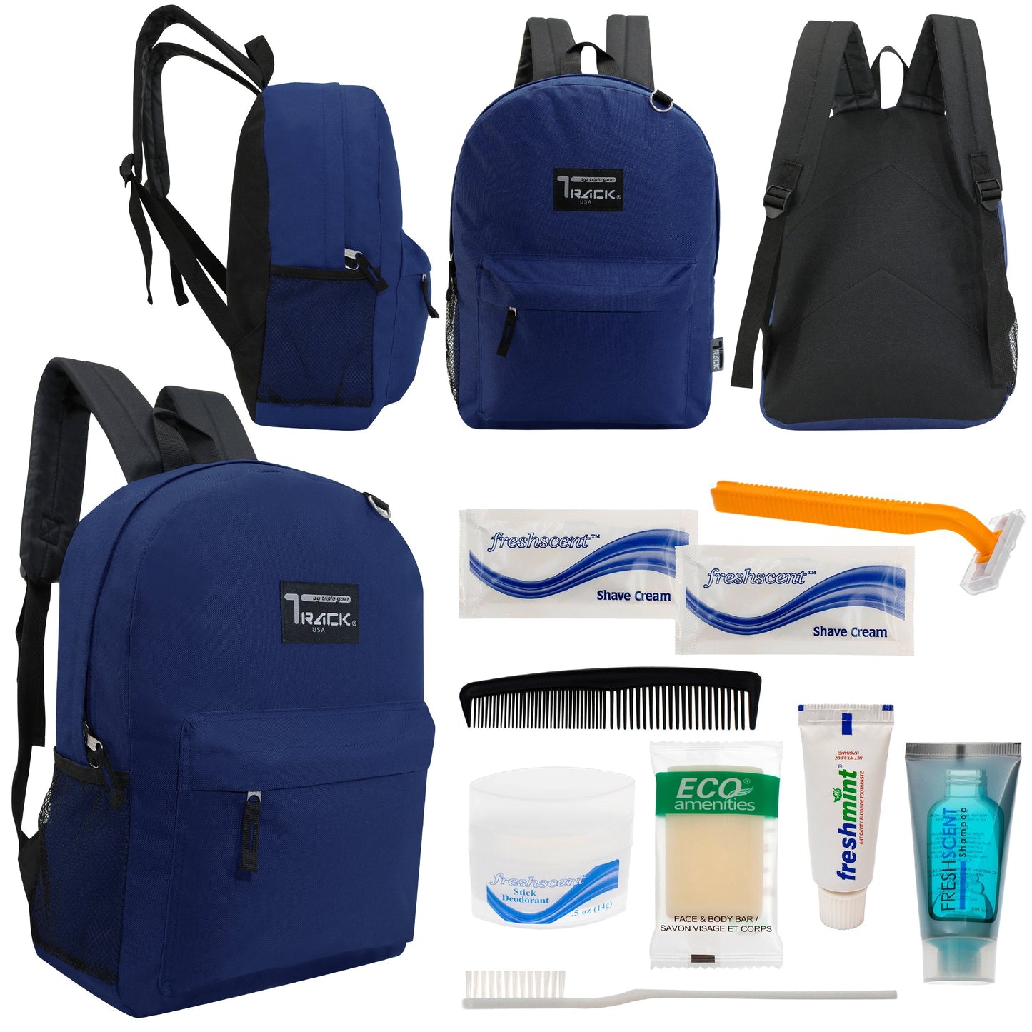 12 klassische 17 'Rucksäcke in Marineblau Blau & Ihre Wahl von 12 Bulk Hygiene Kits - Wholesale PFLEGE Package: Obdachlos, Notfall, Wohltätigkeit
