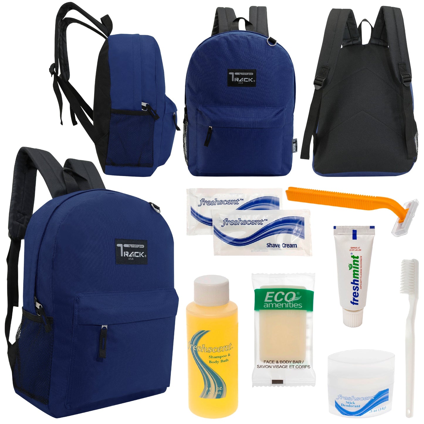 12 klassische 17 'Rucksäcke in Marineblau Blau & Ihre Wahl von 12 Bulk Hygiene Kits - Wholesale PFLEGE Package: Obdachlos, Notfall, Wohltätigkeit