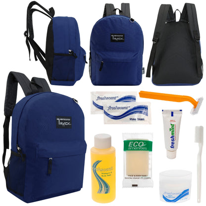 12 klassische 17 'Rucksäcke in Marineblau Blau & Ihre Wahl von 12 Bulk Hygiene Kits - Wholesale PFLEGE Package: Obdachlos, Notfall, Wohltätigkeit