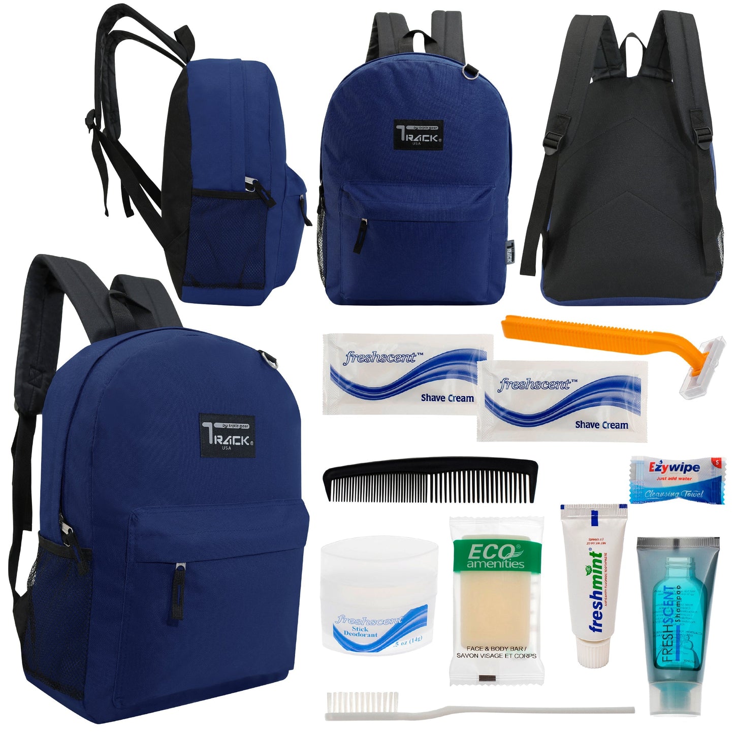 12 klassische 17 'Rucksäcke in Marineblau Blau & Ihre Wahl von 12 Bulk Hygiene Kits - Wholesale PFLEGE Package: Obdachlos, Notfall, Wohltätigkeit