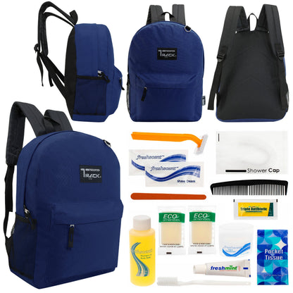 12 klassische 17 'Rucksäcke in Marineblau Blau & Ihre Wahl von 12 Bulk Hygiene Kits - Wholesale PFLEGE Package: Obdachlos, Notfall, Wohltätigkeit
