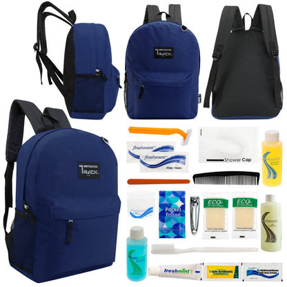 12 klassische 17 'Rucksäcke in Marineblau Blau & Ihre Wahl von 12 Bulk Hygiene Kits - Wholesale PFLEGE Package: Obdachlos, Notfall, Wohltätigkeit