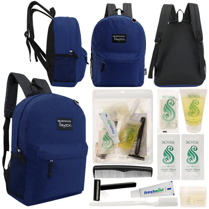12 klassische 17 'Rucksäcke in Marineblau Blau & Ihre Wahl von 12 Bulk Hygiene Kits - Wholesale PFLEGE Package: Obdachlos, Notfall, Wohltätigkeit