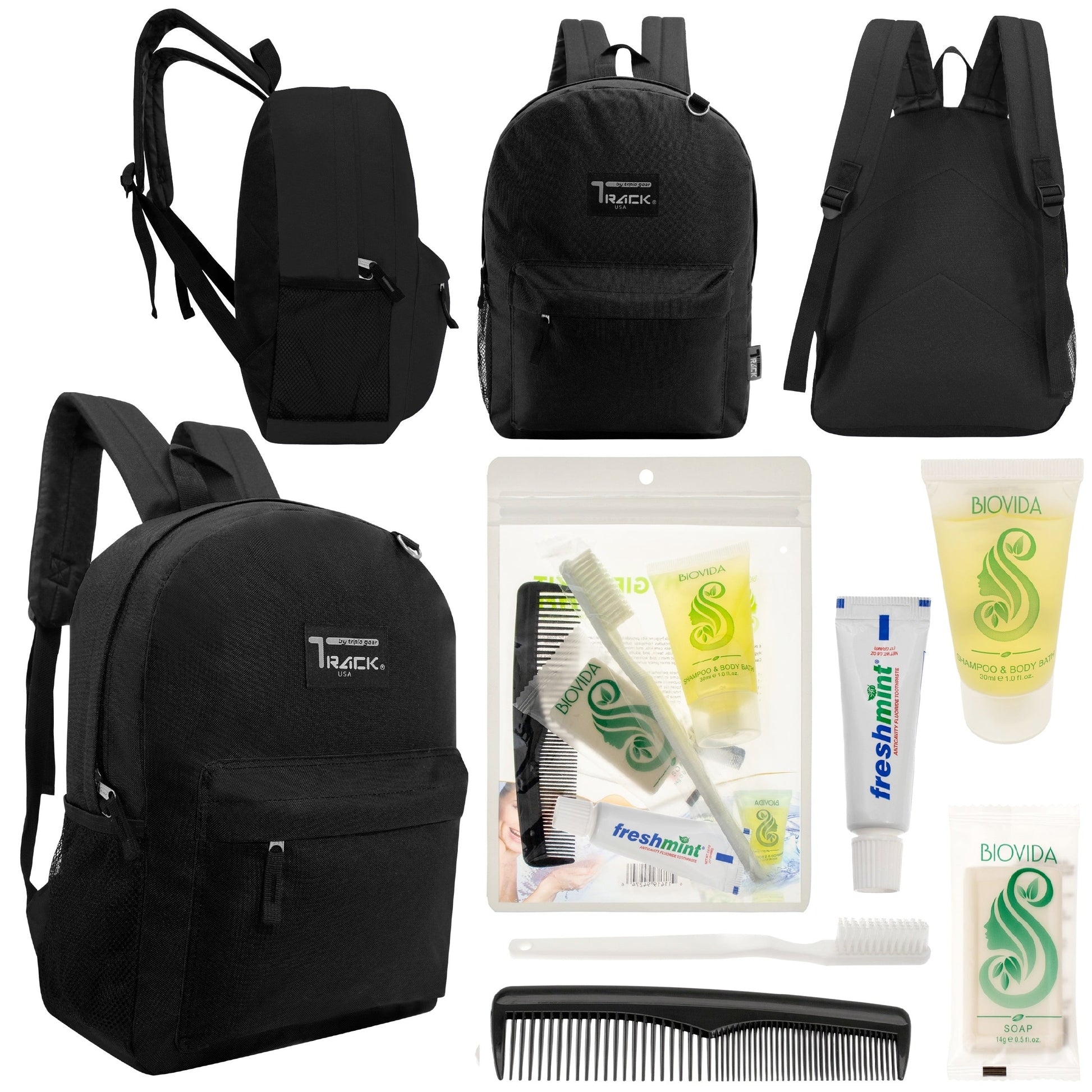 12 klassische 17 'Rucksäcke in Schwarz & Ihre Wahl von 12 Bulk Hygiene Kits - Wholesale PFLEGE Package: Obdachlos, Notfall, Wohltätigkeit