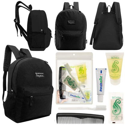 12 klassische 17 'Rucksäcke in Schwarz & Ihre Wahl von 12 Bulk Hygiene Kits - Wholesale PFLEGE Package: Obdachlos, Notfall, Wohltätigkeit