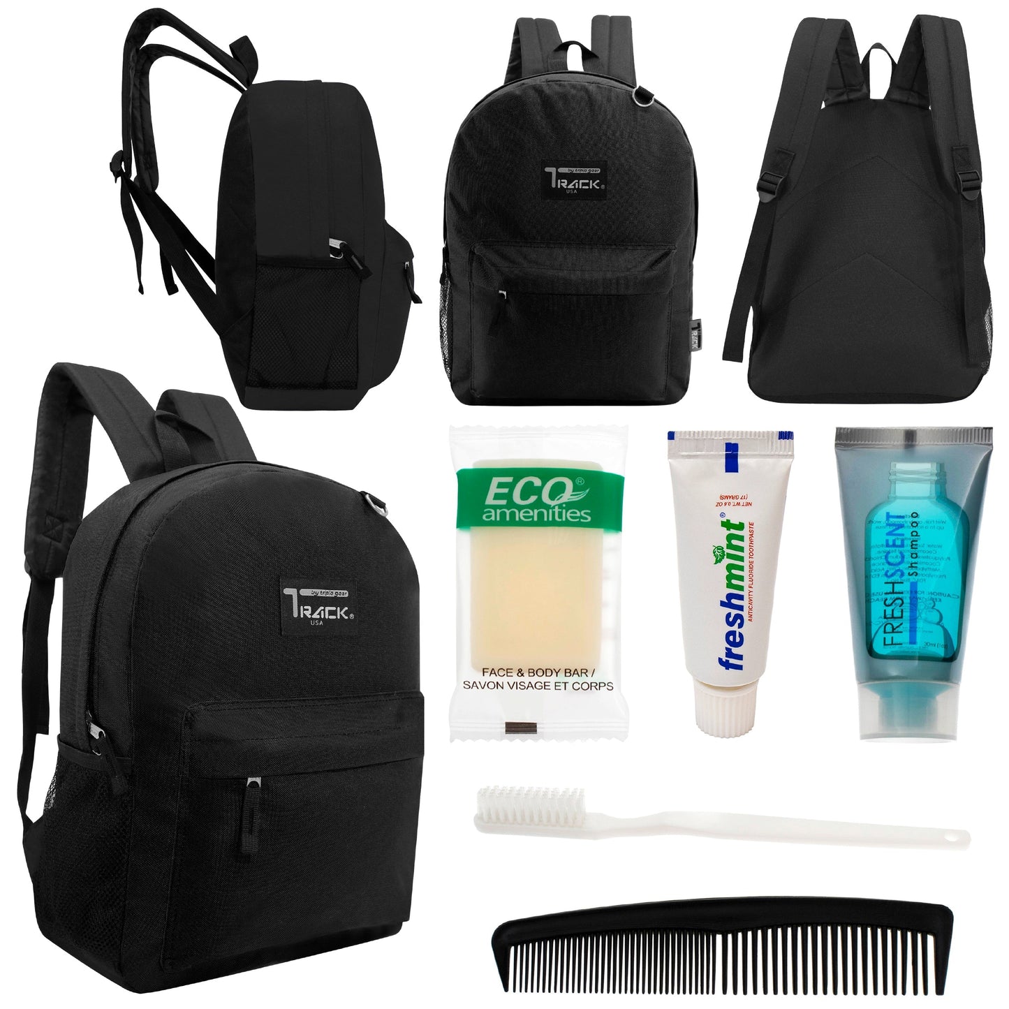 12 klassische 17 'Rucksäcke in Schwarz & Ihre Wahl von 12 Bulk Hygiene Kits - Wholesale PFLEGE Package: Obdachlos, Notfall, Wohltätigkeit