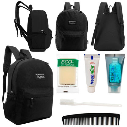 12 klassische 17 'Rucksäcke in Schwarz & Ihre Wahl von 12 Bulk Hygiene Kits - Wholesale PFLEGE Package: Obdachlos, Notfall, Wohltätigkeit