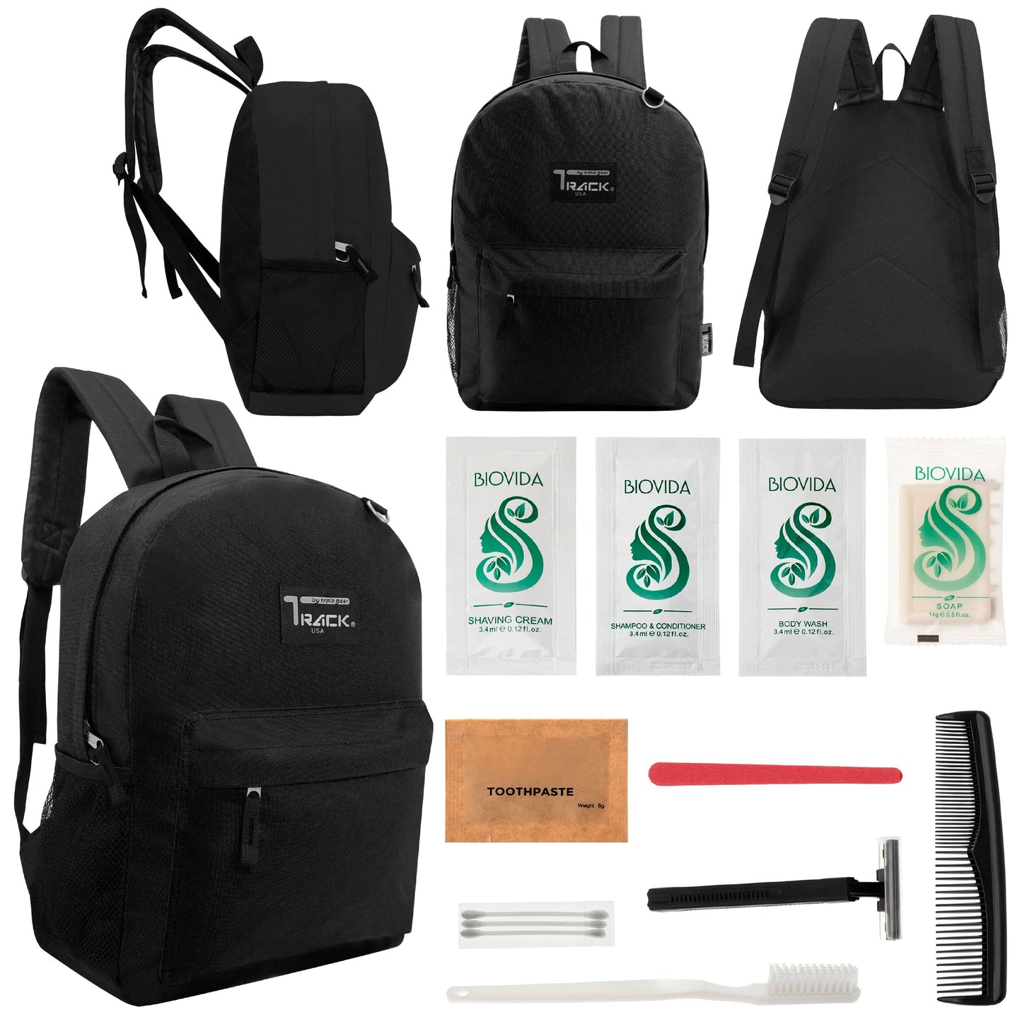 12 klassische 17 'Rucksäcke in Schwarz & Ihre Wahl von 12 Bulk Hygiene Kits - Wholesale PFLEGE Package: Obdachlos, Notfall, Wohltätigkeit