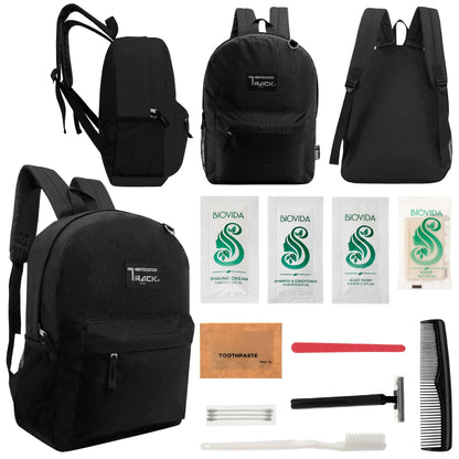 12 klassische 17 'Rucksäcke in Schwarz & Ihre Wahl von 12 Bulk Hygiene Kits - Wholesale PFLEGE Package: Obdachlos, Notfall, Wohltätigkeit