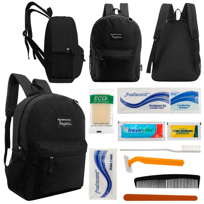 12 klassische 17 'Rucksäcke in Schwarz & Ihre Wahl von 12 Bulk Hygiene Kits - Wholesale PFLEGE Package: Obdachlos, Notfall, Wohltätigkeit