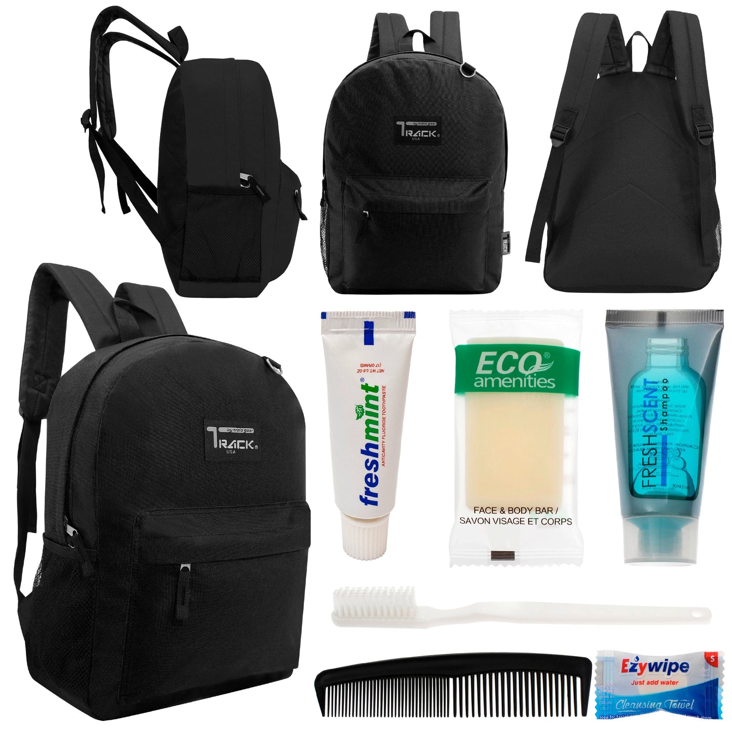 12 klassische 17 'Rucksäcke in Schwarz & Ihre Wahl von 12 Bulk Hygiene Kits - Wholesale PFLEGE Package: Obdachlos, Notfall, Wohltätigkeit