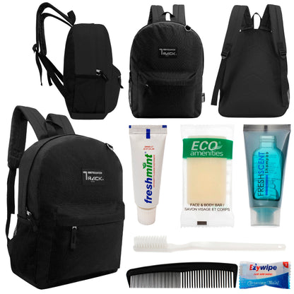 12 klassische 17 'Rucksäcke in Schwarz & Ihre Wahl von 12 Bulk Hygiene Kits - Wholesale PFLEGE Package: Obdachlos, Notfall, Wohltätigkeit
