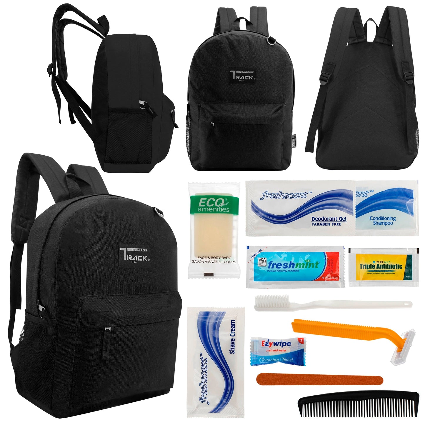 12 klassische 17 'Rucksäcke in Schwarz & Ihre Wahl von 12 Bulk Hygiene Kits - Wholesale PFLEGE Package: Obdachlos, Notfall, Wohltätigkeit
