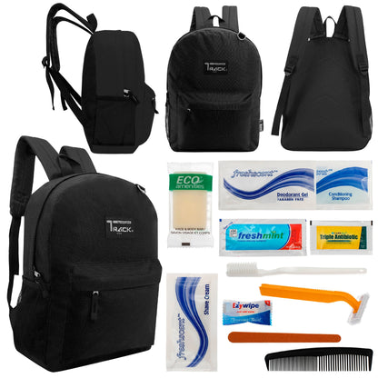 12 klassische 17 'Rucksäcke in Schwarz & Ihre Wahl von 12 Bulk Hygiene Kits - Wholesale PFLEGE Package: Obdachlos, Notfall, Wohltätigkeit