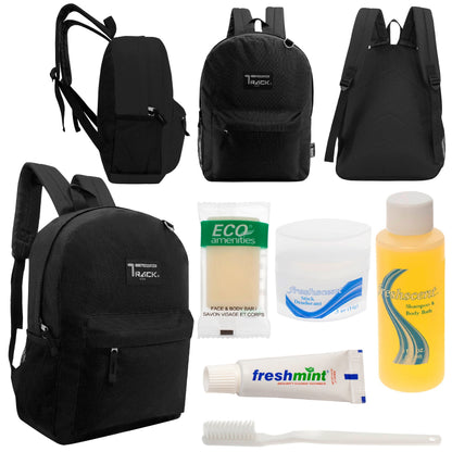 12 klassische 17 'Rucksäcke in Schwarz & Ihre Wahl von 12 Bulk Hygiene Kits - Wholesale PFLEGE Package: Obdachlos, Notfall, Wohltätigkeit