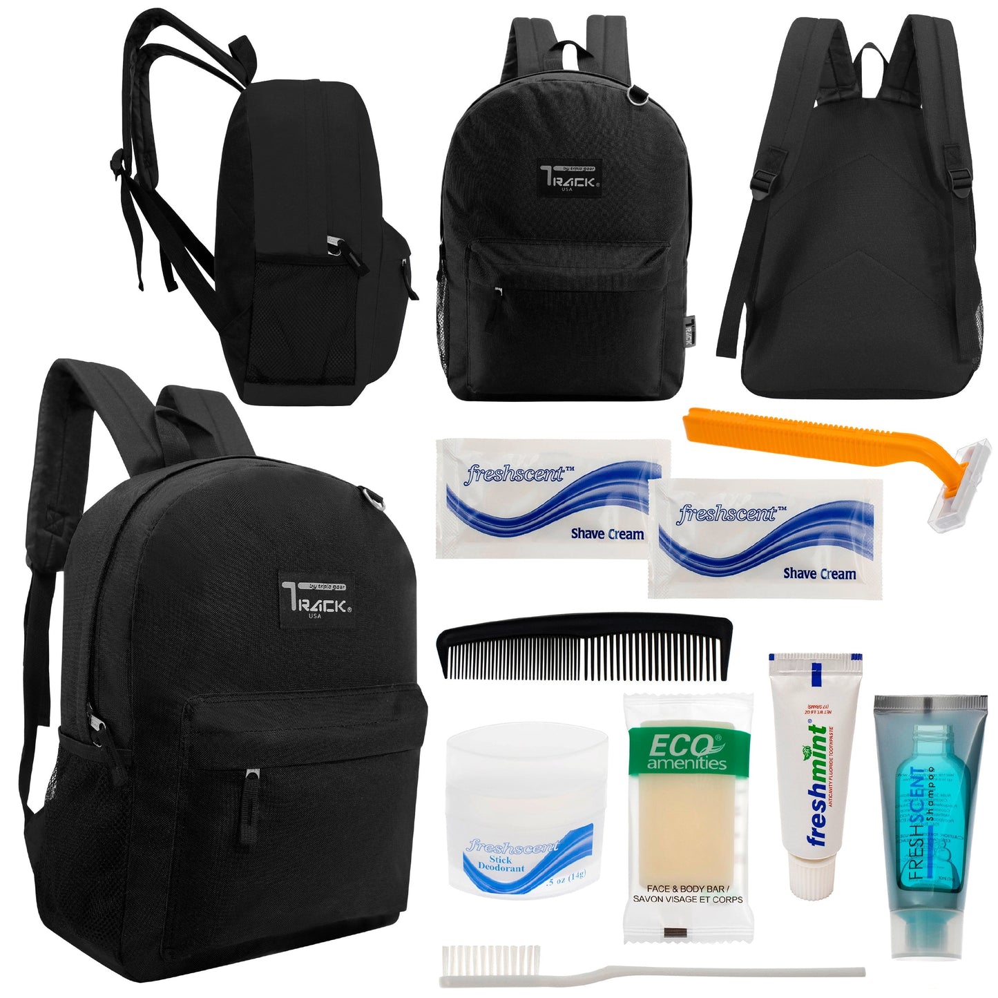 12 klassische 17 'Rucksäcke in Schwarz & Ihre Wahl von 12 Bulk Hygiene Kits - Wholesale PFLEGE Package: Obdachlos, Notfall, Wohltätigkeit