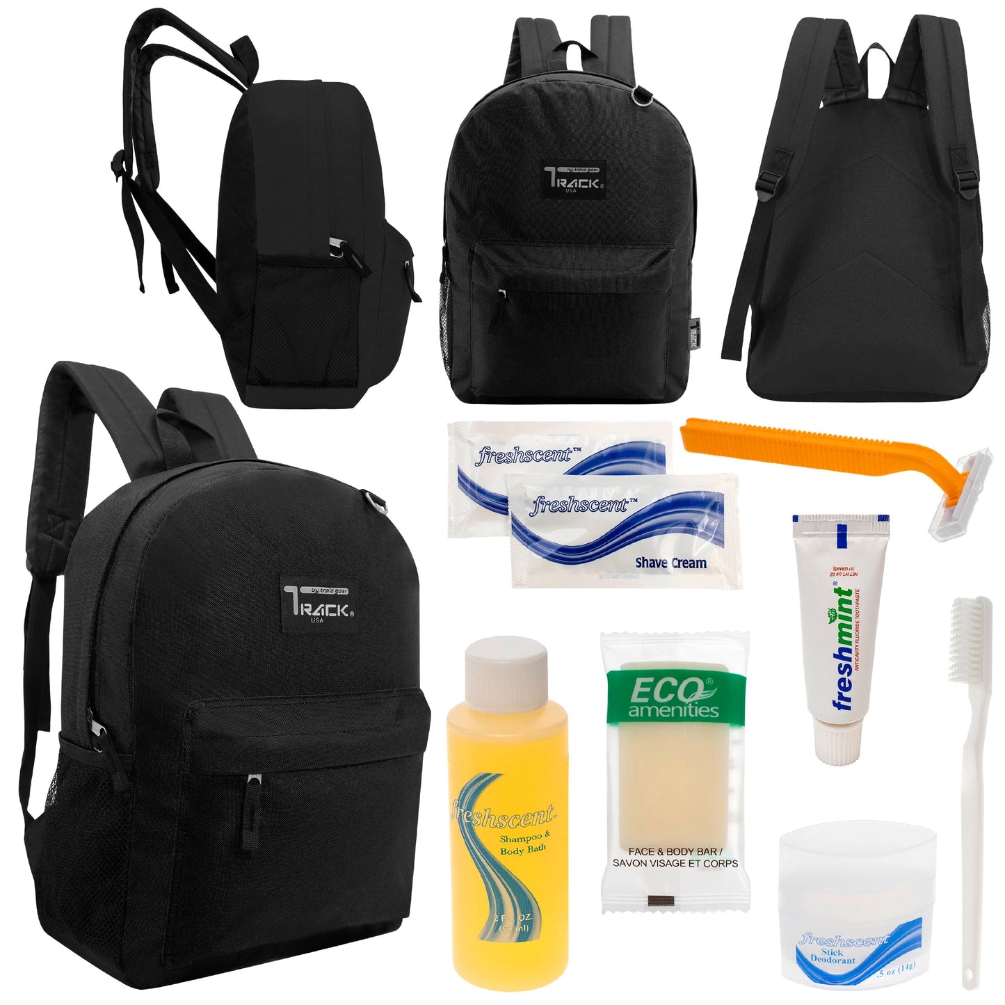 12 klassische 17 'Rucksäcke in Schwarz & Ihre Wahl von 12 Bulk Hygiene Kits - Wholesale PFLEGE Package: Obdachlos, Notfall, Wohltätigkeit