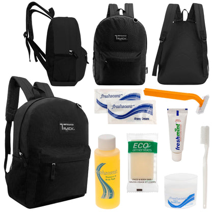 12 klassische 17 'Rucksäcke in Schwarz & Ihre Wahl von 12 Bulk Hygiene Kits - Wholesale PFLEGE Package: Obdachlos, Notfall, Wohltätigkeit
