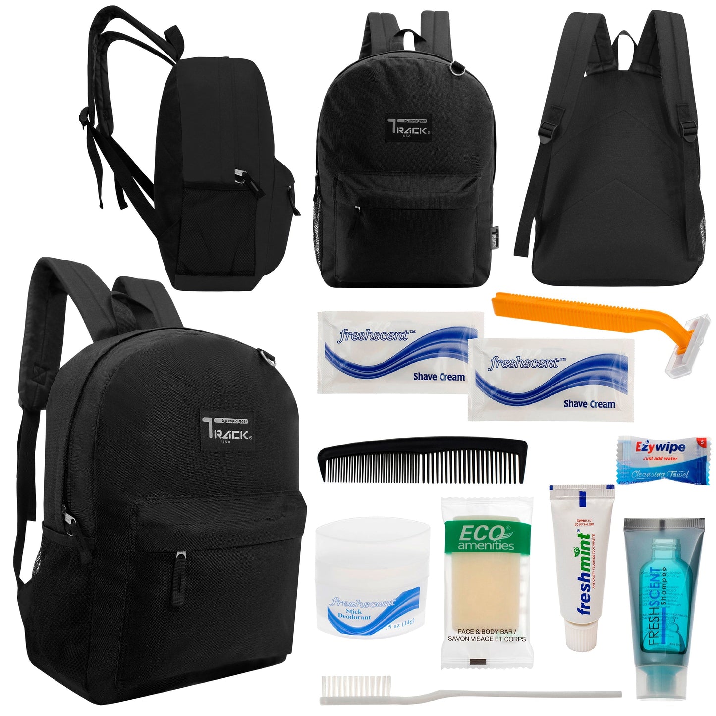12 klassische 17 'Rucksäcke in Schwarz & Ihre Wahl von 12 Bulk Hygiene Kits - Wholesale PFLEGE Package: Obdachlos, Notfall, Wohltätigkeit
