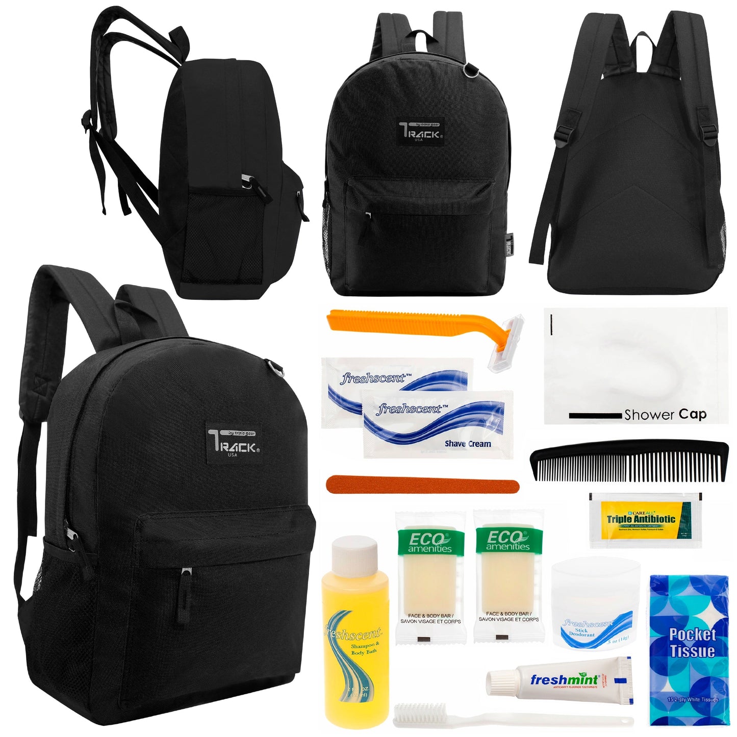 12 klassische 17 'Rucksäcke in Schwarz & Ihre Wahl von 12 Bulk Hygiene Kits - Wholesale PFLEGE Package: Obdachlos, Notfall, Wohltätigkeit