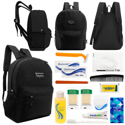 12 klassische 17 'Rucksäcke in Schwarz & Ihre Wahl von 12 Bulk Hygiene Kits - Wholesale PFLEGE Package: Obdachlos, Notfall, Wohltätigkeit