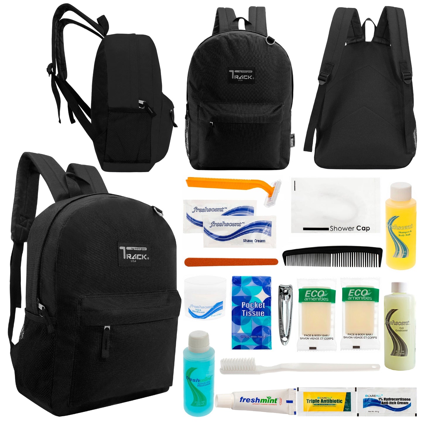 12 klassische 17 'Rucksäcke in Schwarz & Ihre Wahl von 12 Bulk Hygiene Kits - Wholesale PFLEGE Package: Obdachlos, Notfall, Wohltätigkeit