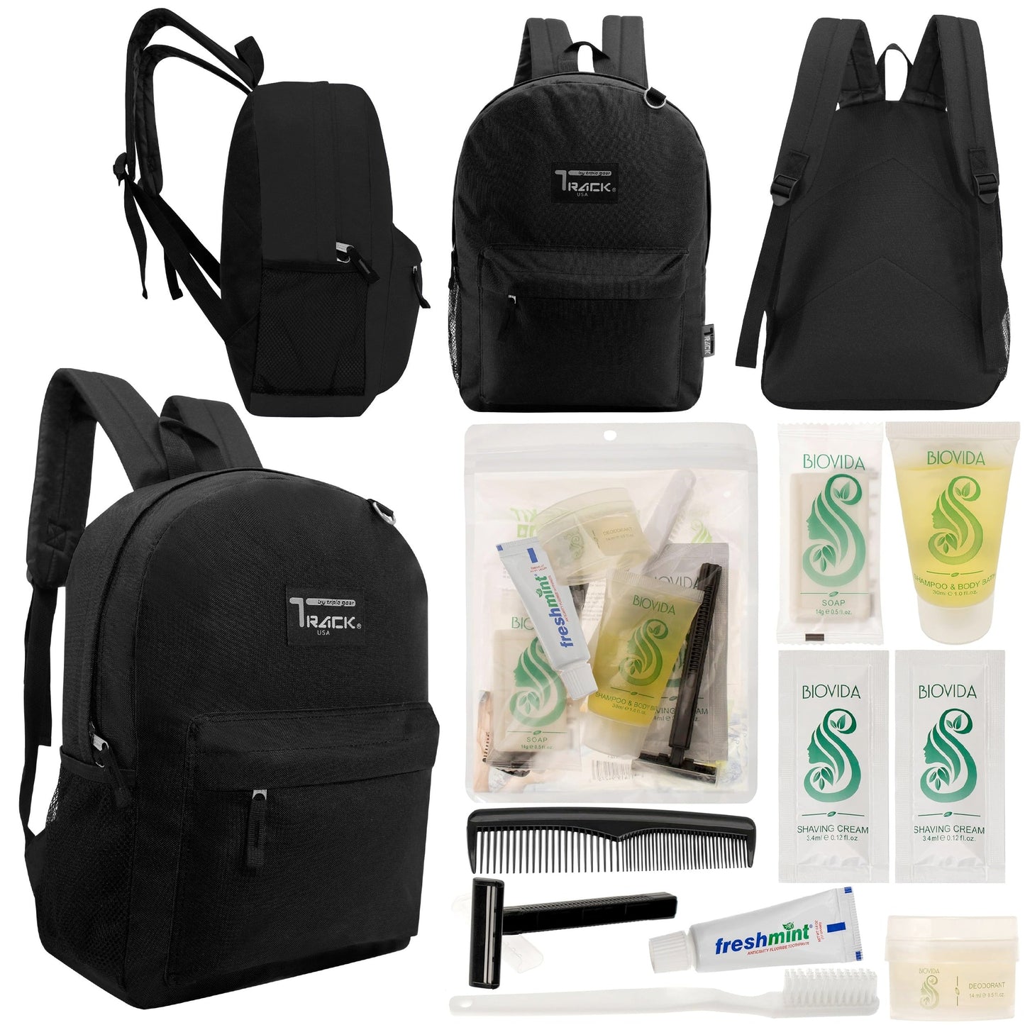 12 klassische 17 'Rucksäcke in Schwarz & Ihre Wahl von 12 Bulk Hygiene Kits - Wholesale PFLEGE Package: Obdachlos, Notfall, Wohltätigkeit