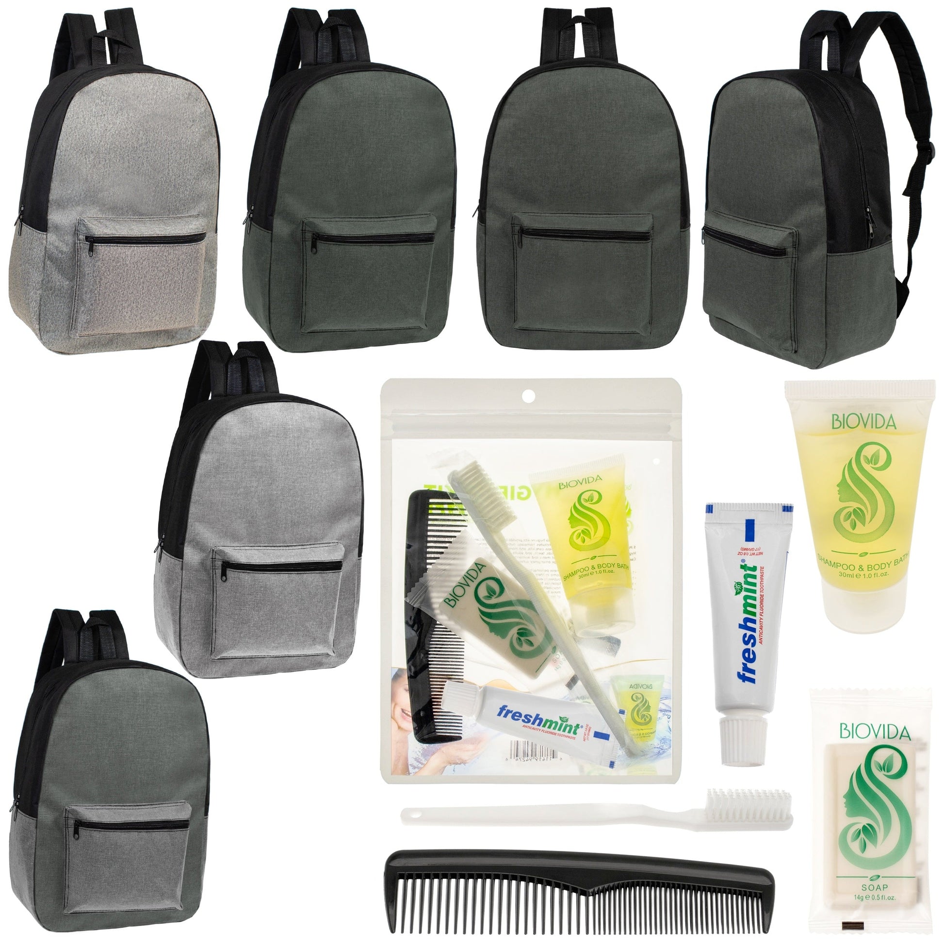 12 Basic Unisex 17 'Rucksäcke in 4 Farben und Ihre Wahl von 12 Bulk Hygiene Kits - Wholesale PFLEGE Package: Obdachlos, Notfall, Wohltätigkeit