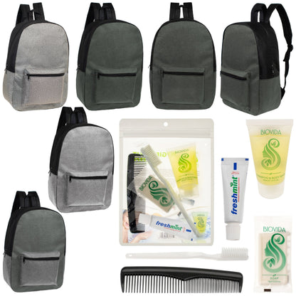 12 Basic Unisex 17 'Rucksäcke in 4 Farben und Ihre Wahl von 12 Bulk Hygiene Kits - Wholesale PFLEGE Package: Obdachlos, Notfall, Wohltätigkeit