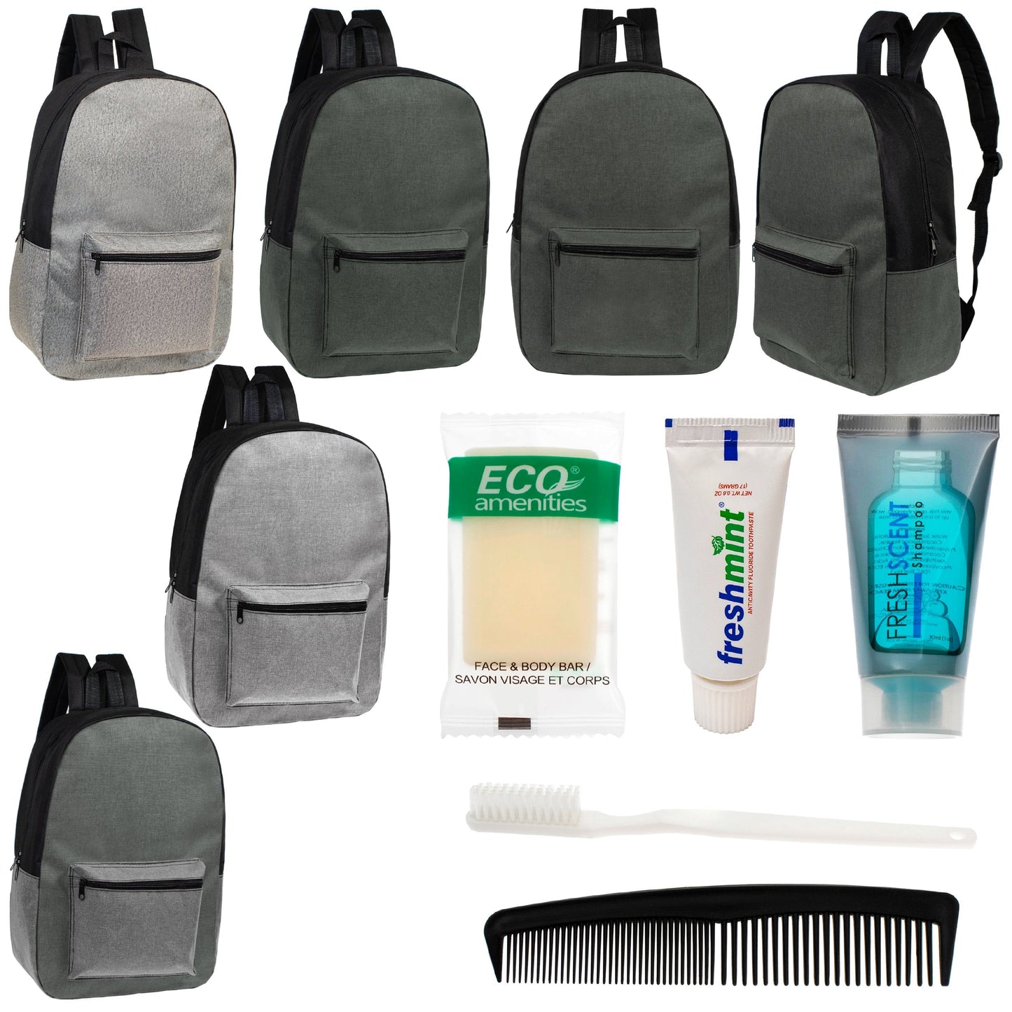 12 Basic Unisex 17 'Rucksäcke in 4 Farben und Ihre Wahl von 12 Bulk Hygiene Kits - Wholesale PFLEGE Package: Obdachlos, Notfall, Wohltätigkeit