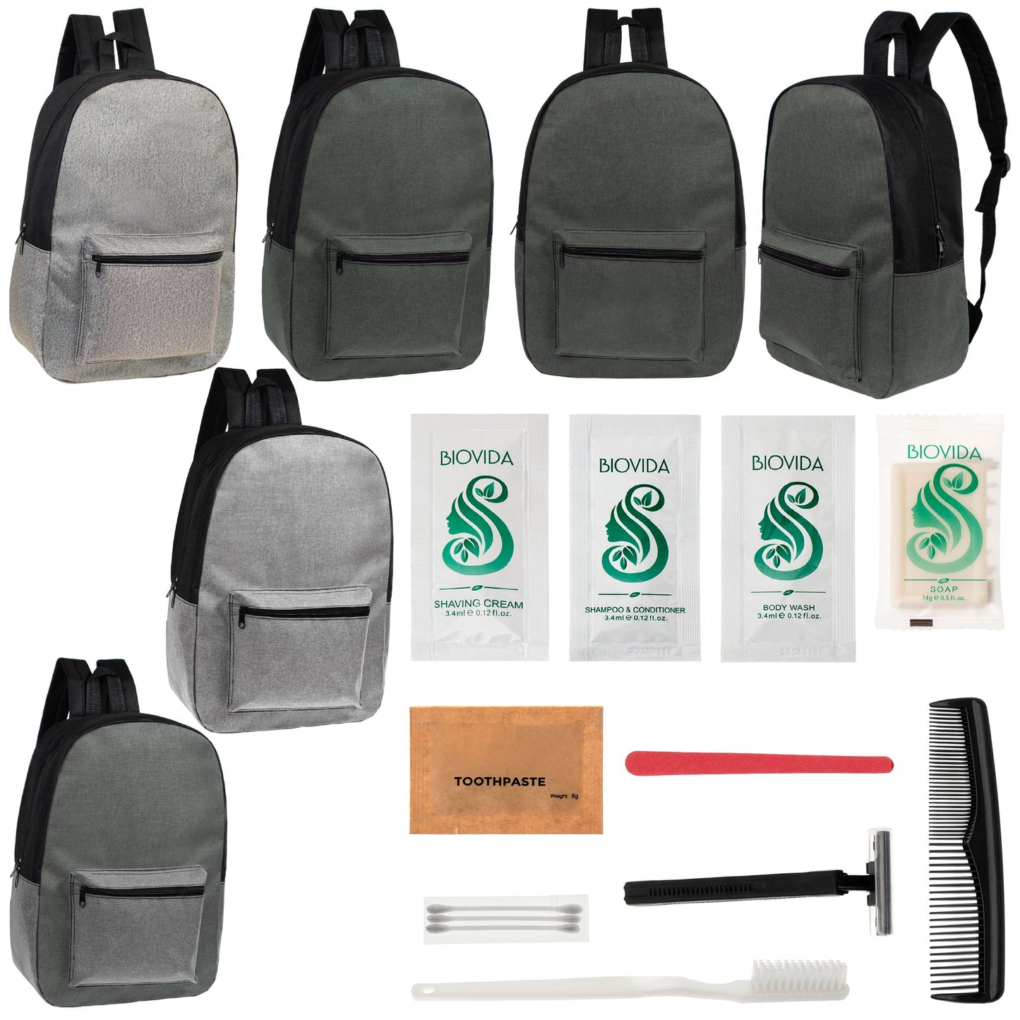 12 Basic Unisex 17 'Rucksäcke in 4 Farben und Ihre Wahl von 12 Bulk Hygiene Kits - Wholesale PFLEGE Package: Obdachlos, Notfall, Wohltätigkeit