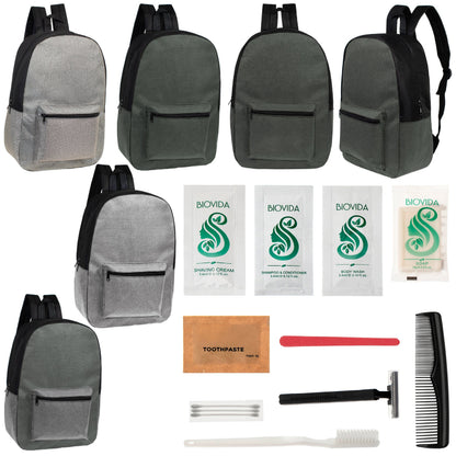 12 Basic Unisex 17 'Rucksäcke in 4 Farben und Ihre Wahl von 12 Bulk Hygiene Kits - Wholesale PFLEGE Package: Obdachlos, Notfall, Wohltätigkeit