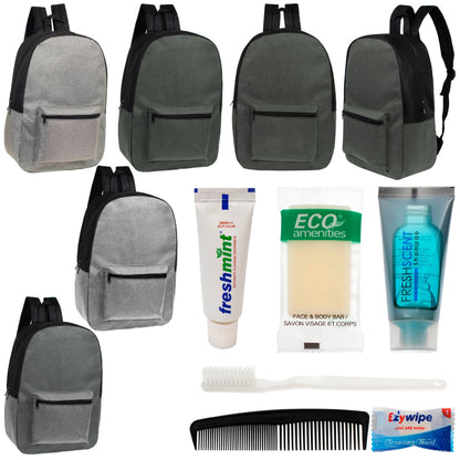 12 Basic Unisex 17 'Rucksäcke in 4 Farben und Ihre Wahl von 12 Bulk Hygiene Kits - Wholesale PFLEGE Package: Obdachlos, Notfall, Wohltätigkeit