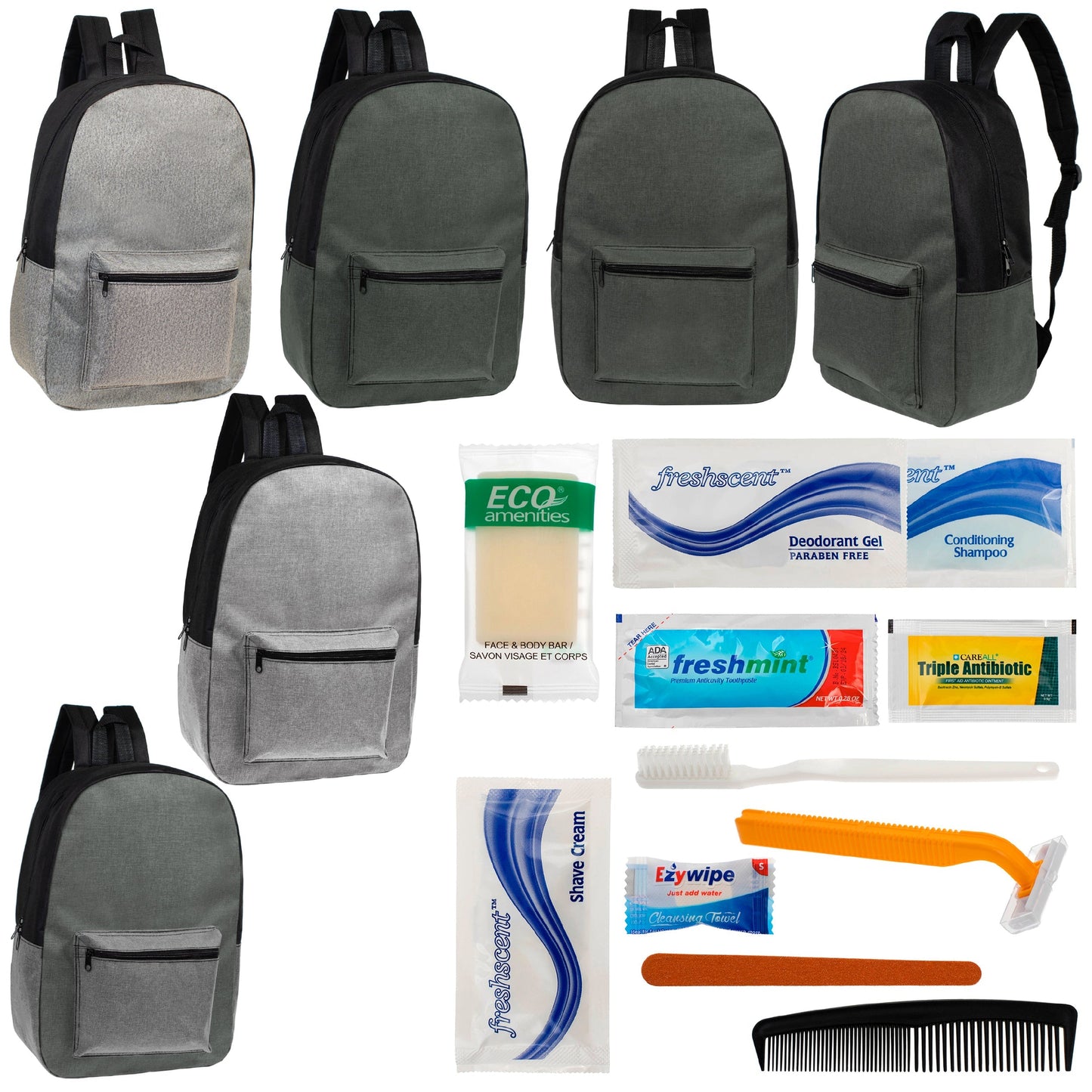 12 Basic Unisex 17 'Rucksäcke in 4 Farben und Ihre Wahl von 12 Bulk Hygiene Kits - Wholesale PFLEGE Package: Obdachlos, Notfall, Wohltätigkeit