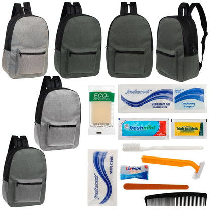12 Basic Unisex 17 'Rucksäcke in 4 Farben und Ihre Wahl von 12 Bulk Hygiene Kits - Wholesale PFLEGE Package: Obdachlos, Notfall, Wohltätigkeit