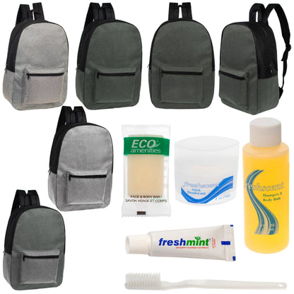 12 Basic Unisex 17 'Rucksäcke in 4 Farben und Ihre Wahl von 12 Bulk Hygiene Kits - Wholesale PFLEGE Package: Obdachlos, Notfall, Wohltätigkeit