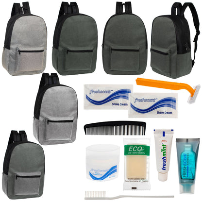 12 Basic Unisex 17 'Rucksäcke in 4 Farben und Ihre Wahl von 12 Bulk Hygiene Kits - Wholesale PFLEGE Package: Obdachlos, Notfall, Wohltätigkeit