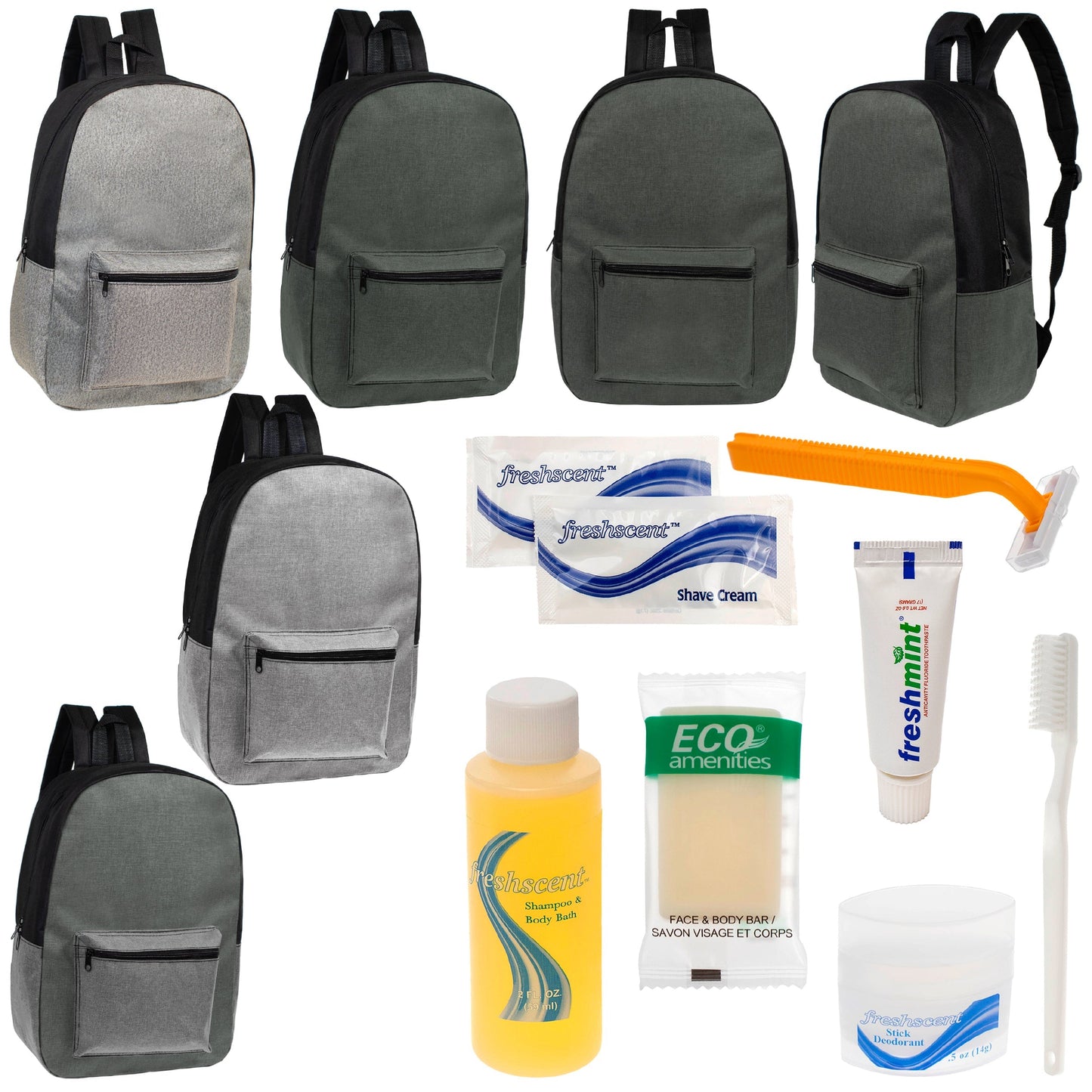 12 Basic Unisex 17 'Rucksäcke in 4 Farben und Ihre Wahl von 12 Bulk Hygiene Kits - Wholesale PFLEGE Package: Obdachlos, Notfall, Wohltätigkeit