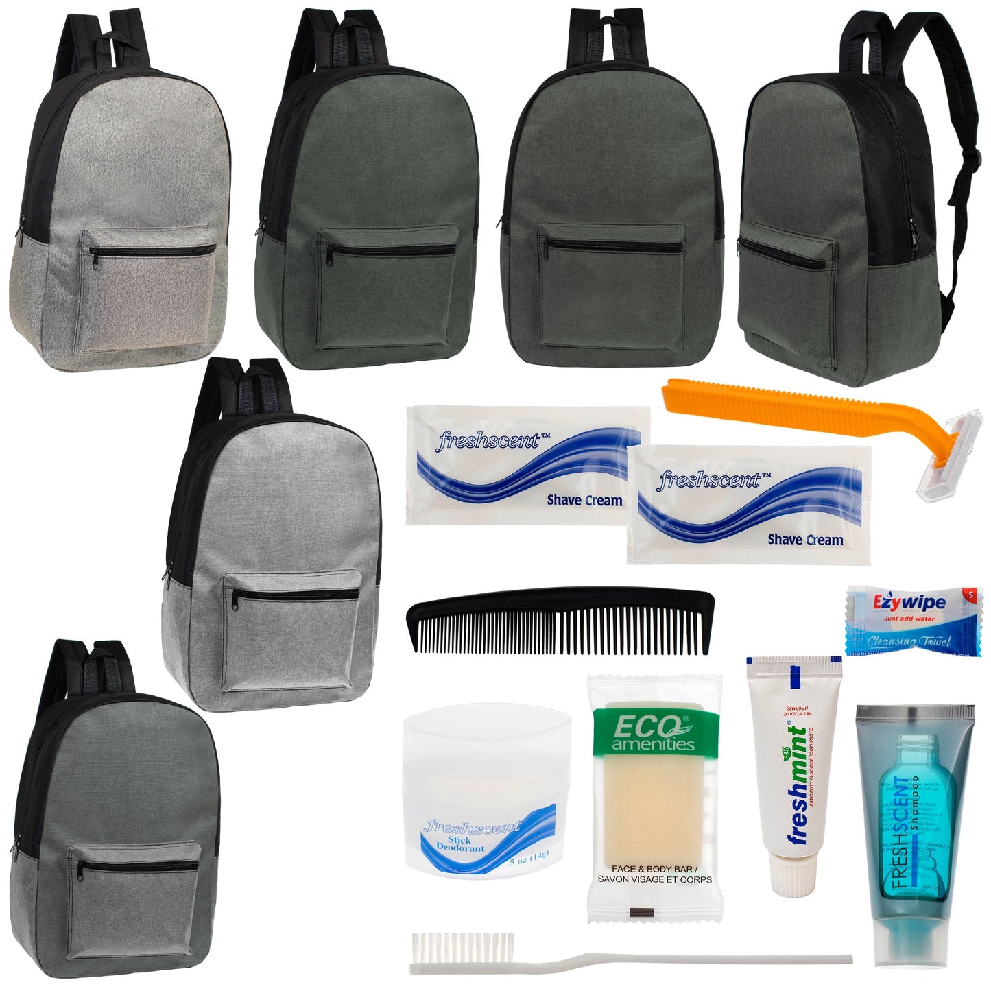 12 Basic Unisex 17 'Rucksäcke in 4 Farben und Ihre Wahl von 12 Bulk Hygiene Kits - Wholesale PFLEGE Package: Obdachlos, Notfall, Wohltätigkeit