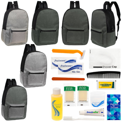 12 Basic Unisex 17 'Rucksäcke in 4 Farben und Ihre Wahl von 12 Bulk Hygiene Kits - Wholesale PFLEGE Package: Obdachlos, Notfall, Wohltätigkeit