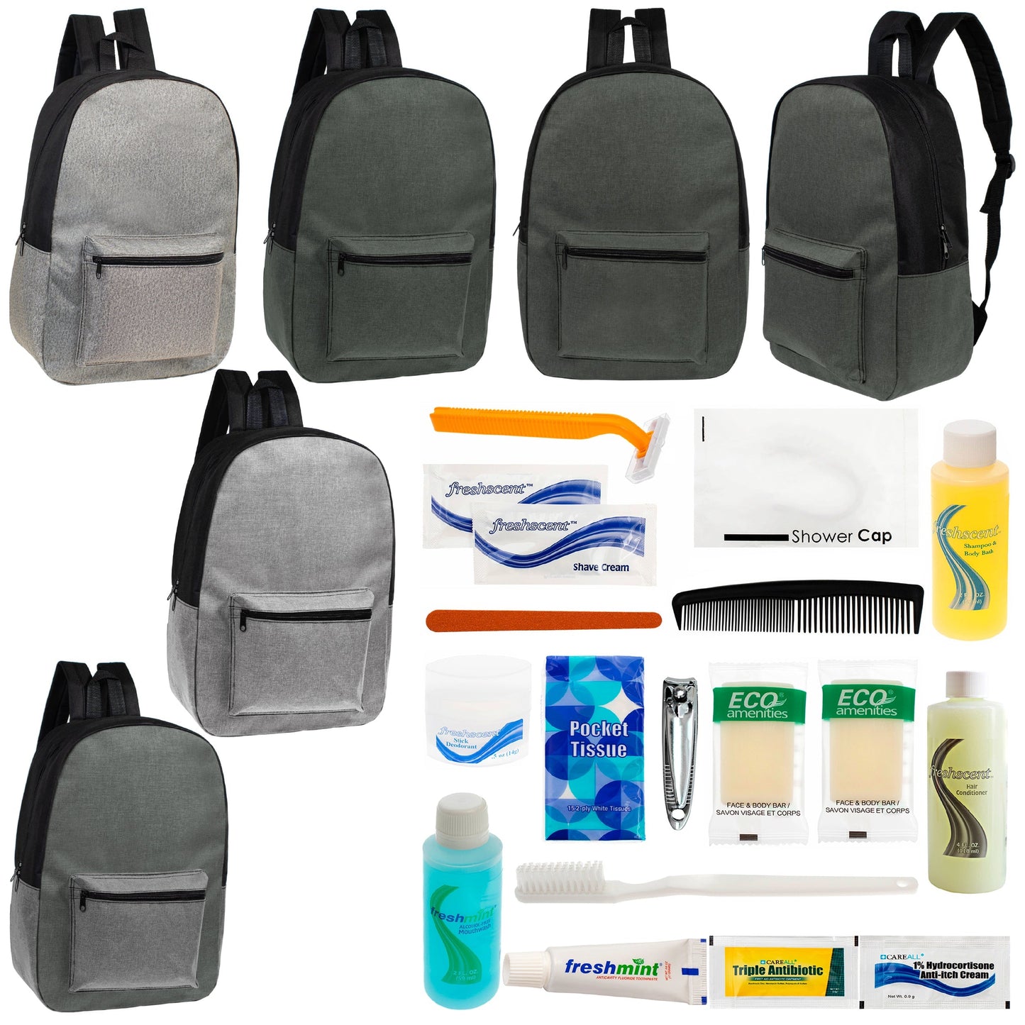 12 Basic Unisex 17 'Rucksäcke in 4 Farben und Ihre Wahl von 12 Bulk Hygiene Kits - Wholesale PFLEGE Package: Obdachlos, Notfall, Wohltätigkeit