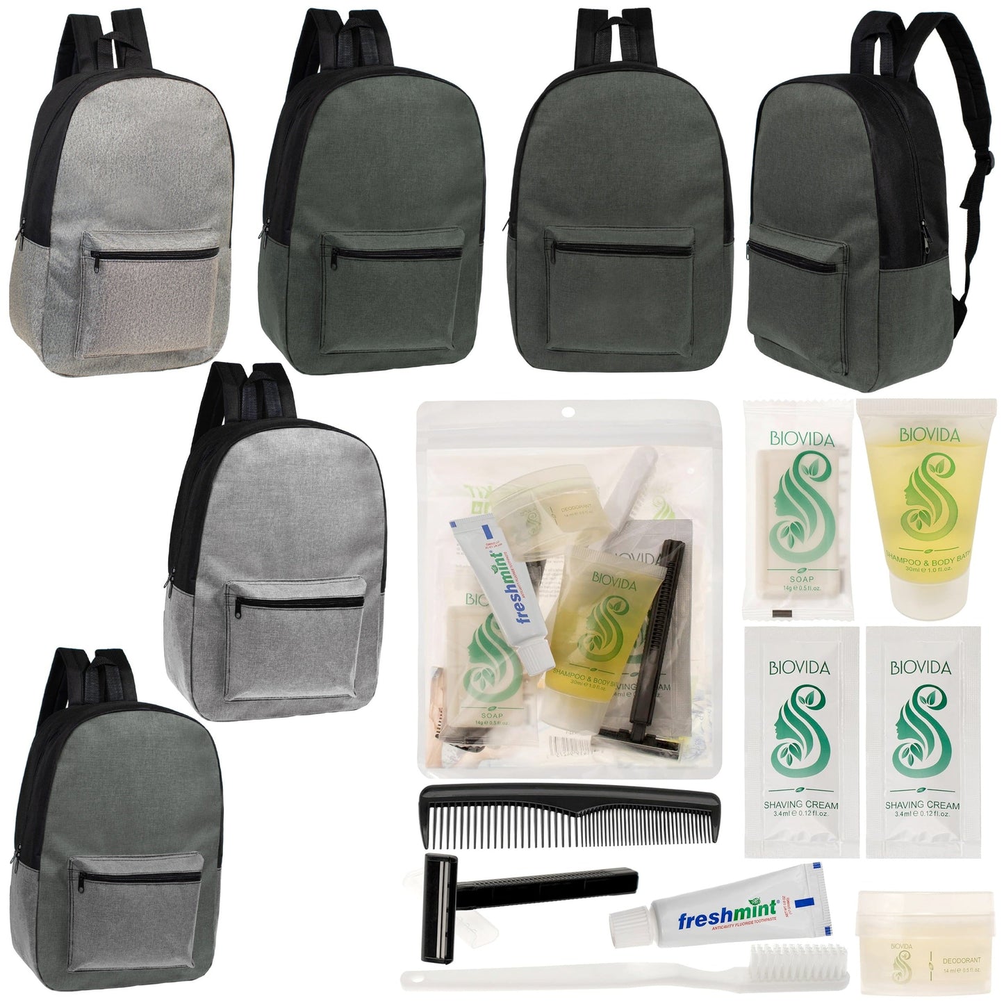 12 Basic Unisex 17 'Rucksäcke in 4 Farben und Ihre Wahl von 12 Bulk Hygiene Kits - Wholesale PFLEGE Package: Obdachlos, Notfall, Wohltätigkeit