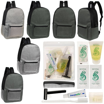 12 Basic Unisex 17 'Rucksäcke in 4 Farben und Ihre Wahl von 12 Bulk Hygiene Kits - Wholesale PFLEGE Package: Obdachlos, Notfall, Wohltätigkeit