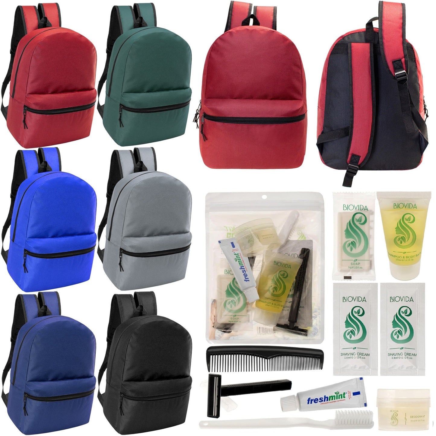 12 17 'Klassische Rucksäcke in 6 verschiedenen Farben & Ihre Wahl von 12 Bulk Hygiene Kits - Wholesale PFLEGE Package: Obdachlos, Notfall, Wohltätigkeit