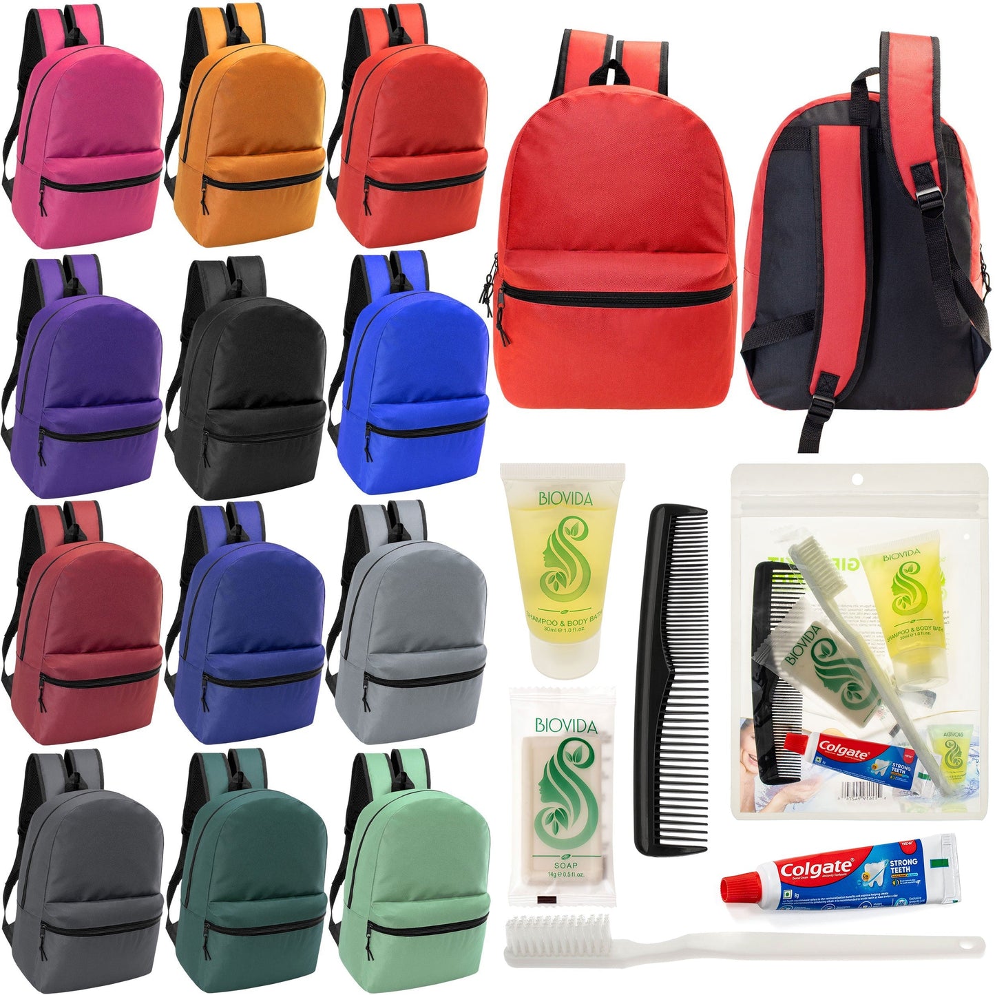 12 17 'Klassische Rucksäcke in 12 verschiedenen Farben & Ihre Wahl von 12 Bulk Hygiene Kits - Wholesale PFLEGE Package: Obdachlos, Notfall, Wohltätigkeit
