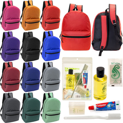 12 17 'Klassische Rucksäcke in 12 verschiedenen Farben & Ihre Wahl von 12 Bulk Hygiene Kits - Wholesale PFLEGE Package: Obdachlos, Notfall, Wohltätigkeit