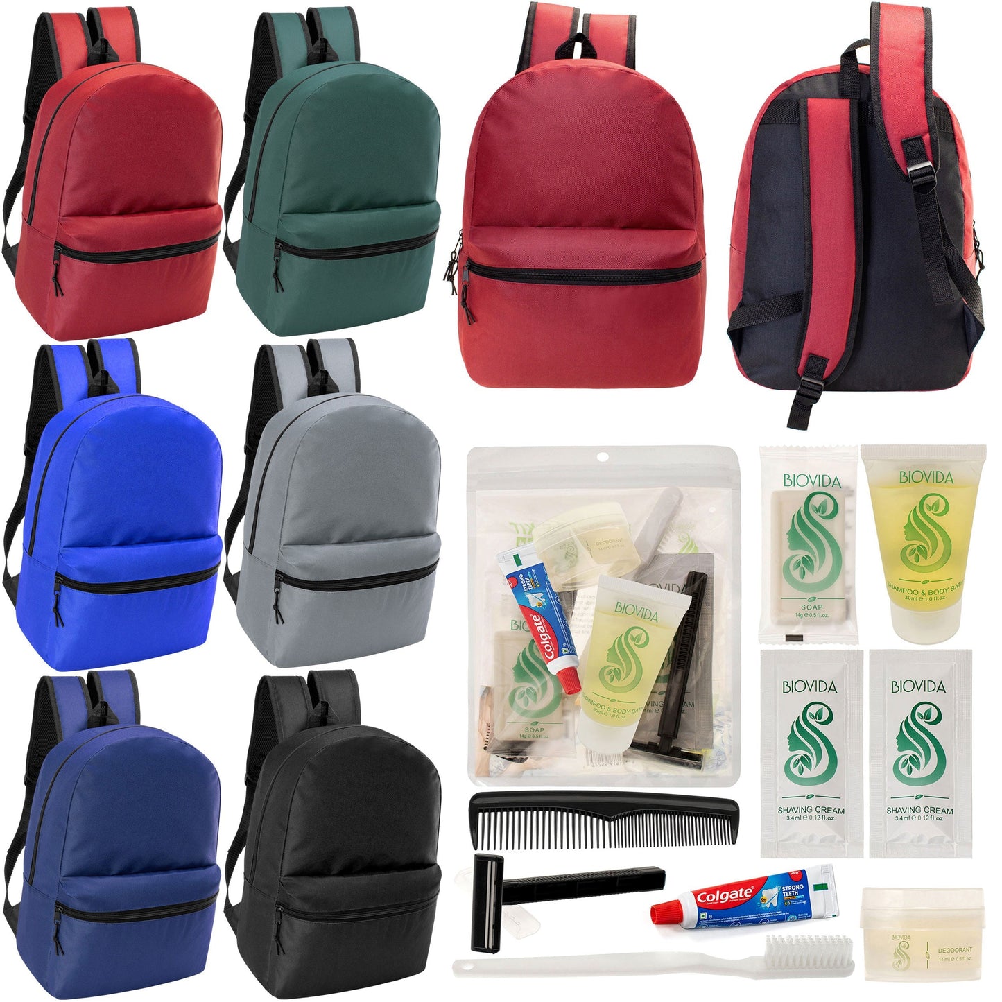 12 17 'Klassische Rucksäcke in 6 verschiedenen Farben & Ihre Wahl von 12 Bulk Hygiene Kits - Wholesale PFLEGE Package: Obdachlos, Notfall, Wohltätigkeit
