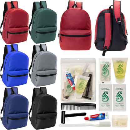 12 17 'Klassische Rucksäcke in 6 verschiedenen Farben & Ihre Wahl von 12 Bulk Hygiene Kits - Wholesale PFLEGE Package: Obdachlos, Notfall, Wohltätigkeit