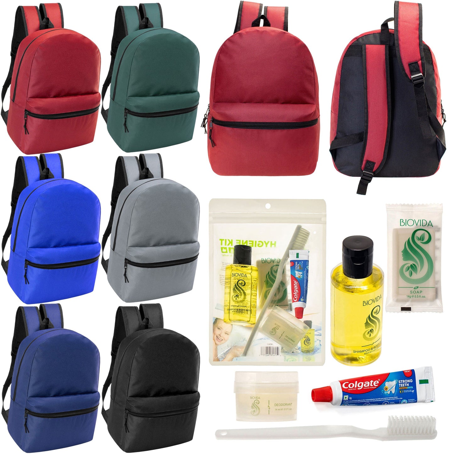 12 17 'Klassische Rucksäcke in 6 verschiedenen Farben & Ihre Wahl von 12 Bulk Hygiene Kits - Wholesale PFLEGE Package: Obdachlos, Notfall, Wohltätigkeit